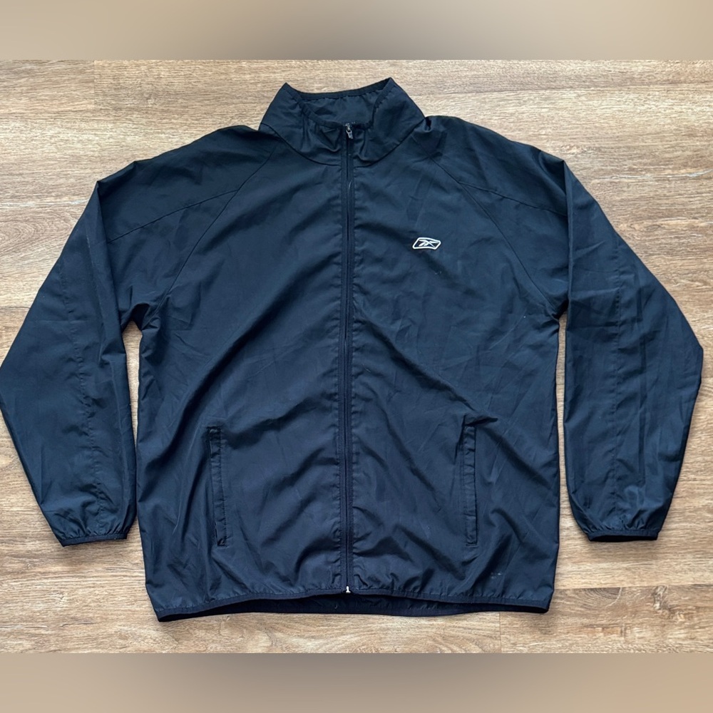 Vintage Reebok Jacket Mens XL Black Full Zip Windbreaker Lightweight Y2K